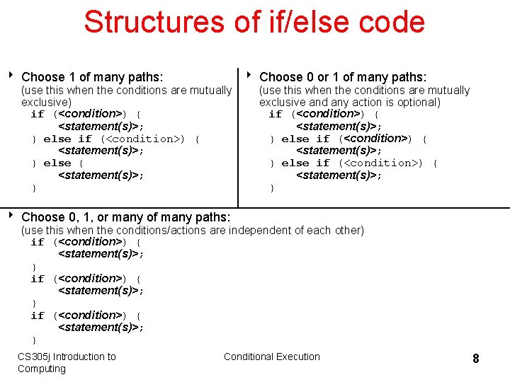 Structures of if/else code 8 Choose 1 of many paths: (use this when the