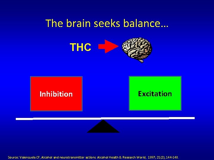 The brain seeks balance… THC Inhibition Excitation Source: Valenzuela CF, Alcohol and neurotransmitter actions. The brain seeks balance… THC Inhibition Excitation Source: Valenzuela CF, Alcohol and neurotransmitter actions.
