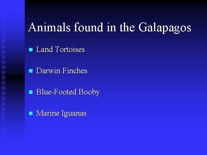Animals found in the Galapagos n Land Tortoises n Darwin Finches n Blue-Footed Booby