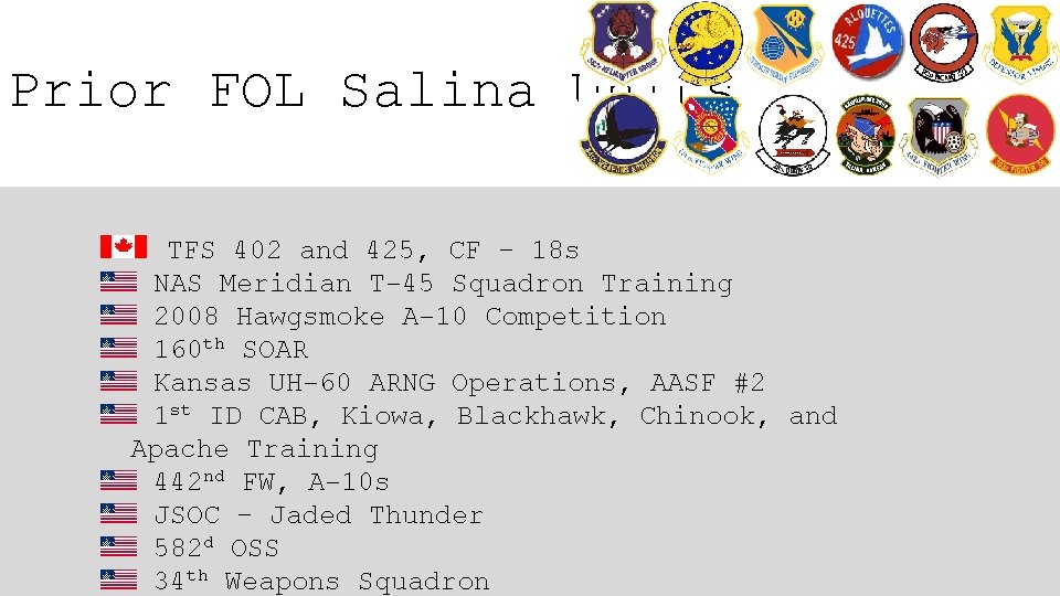 Prior FOL Salina Units TFS 402 and 425, CF – 18 s NAS Meridian