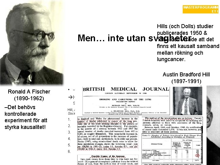 MASTERPROGRAMM ET I EVIDENSBASERING Hills (och Dolls) studier publicerades 1950 & 1954 och visade