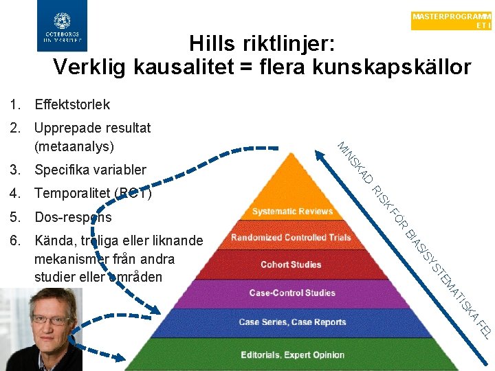 MASTERPROGRAMM ET I EVIDENSBASERING Hills riktlinjer: Verklig kausalitet = flera kunskapskällor 1. Effektstorlek R