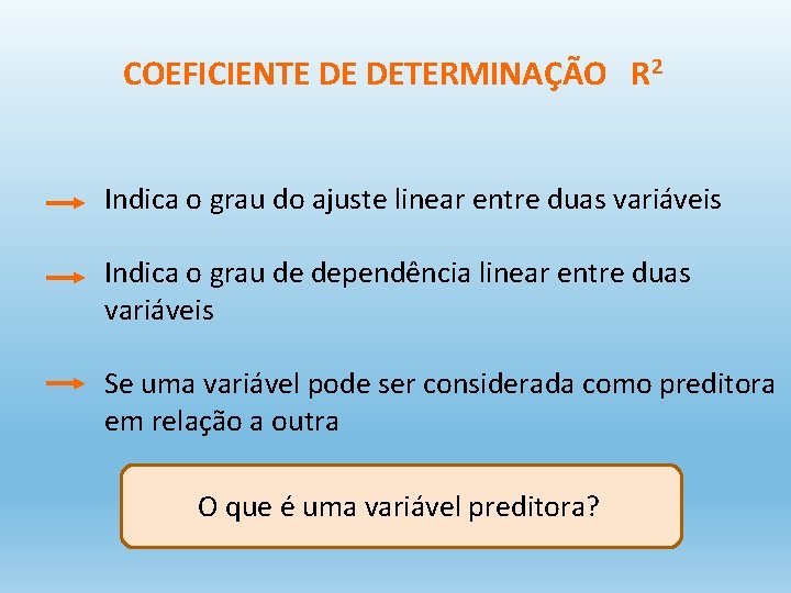 COEFICIENTE DE DETERMINAÇÃO R 2 Indica o grau do ajuste linear entre duas variáveis