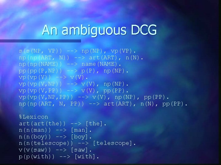 An ambiguous DCG s(s(NP, VP)) --> np(NP), vp(VP). np(np(ART, N)) --> art(ART), n(N). np(np(NAME))