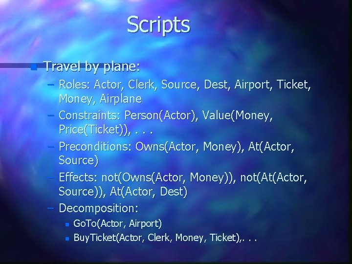 Scripts n Travel by plane: – Roles: Actor, Clerk, Source, Dest, Airport, Ticket, Money,