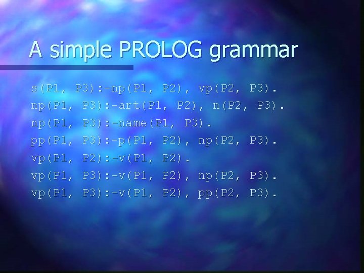 A simple PROLOG grammar s(P 1, P 3): -np(P 1, P 2), vp(P 2,