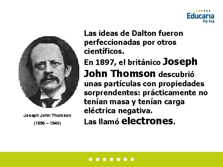 Las ideas de Dalton fueron perfeccionadas por otros científicos. En 1897, el británico Joseph