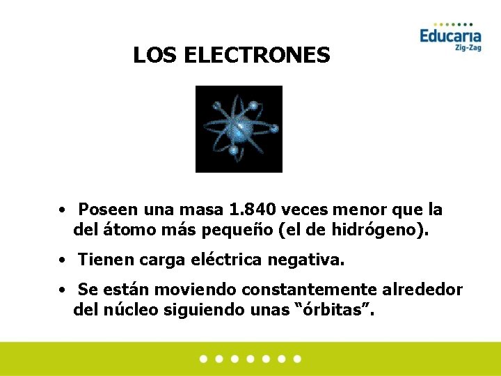 LOS ELECTRONES • Poseen una masa 1. 840 veces menor que la del átomo