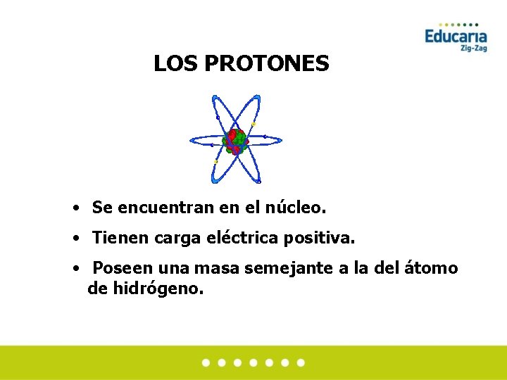 LOS PROTONES • Se encuentran en el núcleo. • Tienen carga eléctrica positiva. •