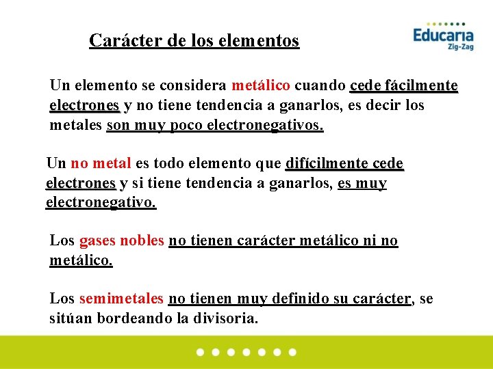 Carácter de los elementos Un elemento se considera metálico cuando cede fácilmente electrones y