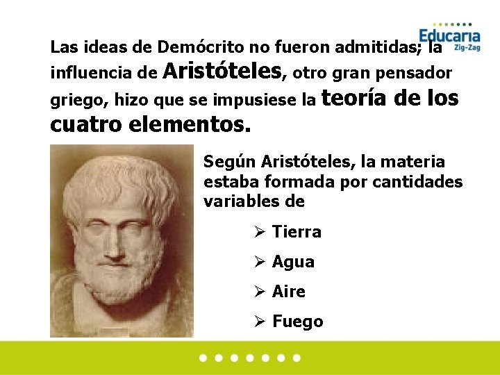 Las ideas de Demócrito no fueron admitidas; la influencia de Aristóteles, otro gran pensador