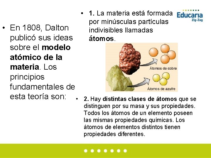  • 1. La materia está formada por minúsculas partículas • En 1808, Dalton