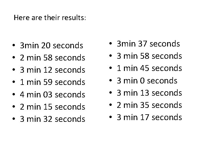 Here are their results: • • 3 min 20 seconds 2 min 58 seconds