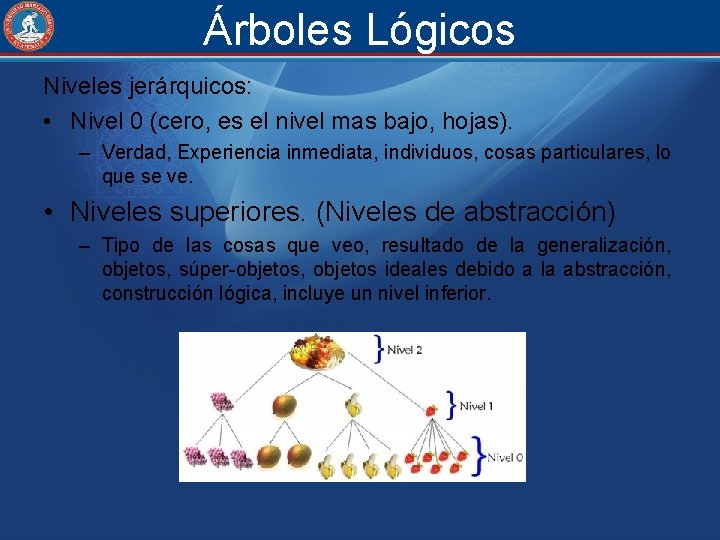 Árboles Lógicos Niveles jerárquicos: • Nivel 0 (cero, es el nivel mas bajo, hojas).