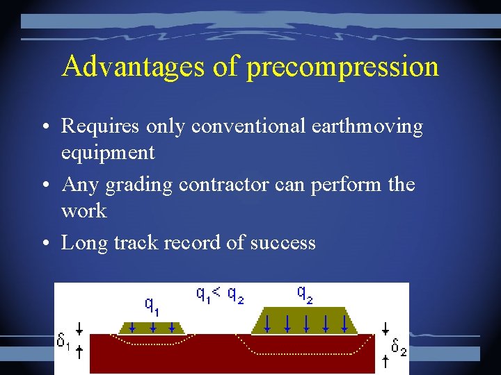 Advantages of precompression • Requires only conventional earthmoving equipment • Any grading contractor can