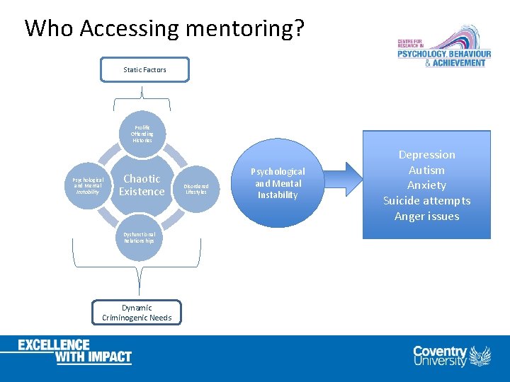 Who Accessing mentoring? Static Factors Prolific Offending Histories Psychological and Mental Instability Chaotic Existence