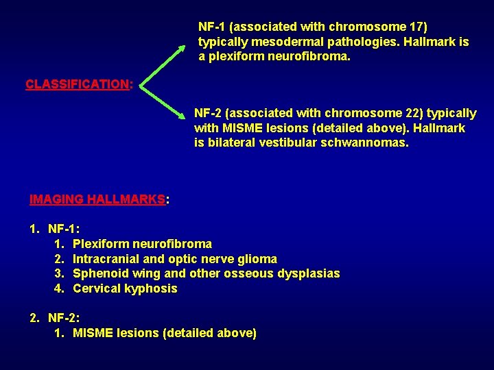 NF-1 (associated with chromosome 17) typically mesodermal pathologies. Hallmark is a plexiform neurofibroma. CLASSIFICATION: