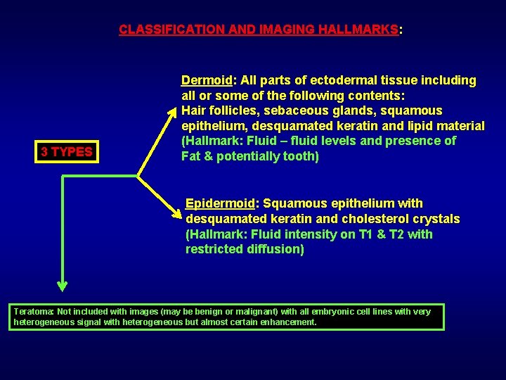 CLASSIFICATION AND IMAGING HALLMARKS: 3 TYPES Dermoid: All parts of ectodermal tissue including all