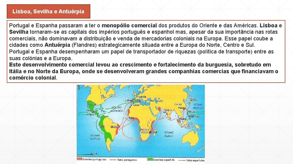 Lisboa, Sevilha e Antuérpia Portugal e Espanha passaram a ter o monopólio comercial dos