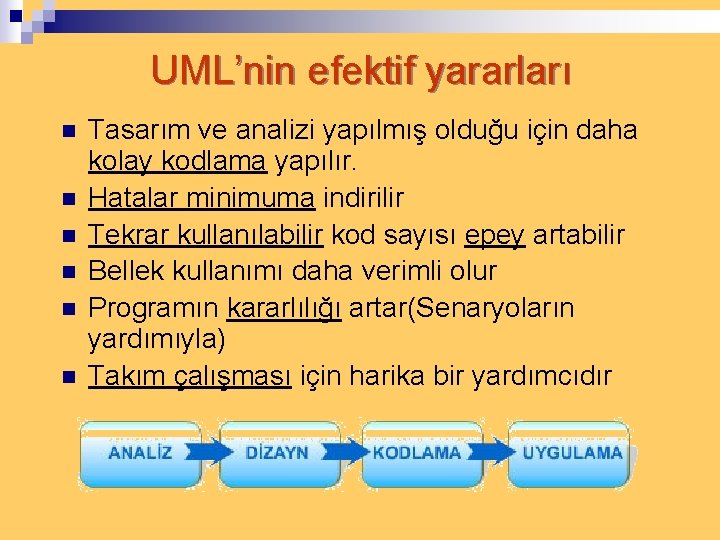 UML’nin efektif yararları n n n Tasarım ve analizi yapılmış olduğu için daha kolay