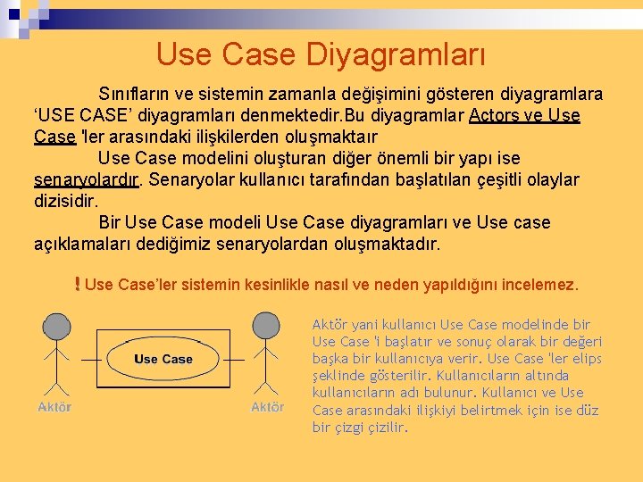 Use Case Diyagramları Sınıfların ve sistemin zamanla değişimini gösteren diyagramlara ‘USE CASE’ diyagramları denmektedir.