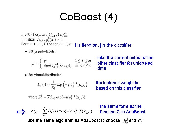Co. Boost (4) t is iteration, j is the classifier take the current output Co. Boost (4) t is iteration, j is the classifier take the current output