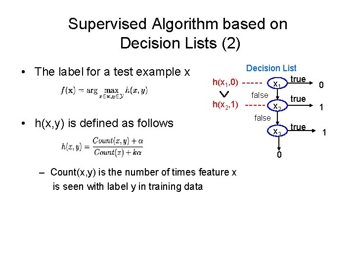 Supervised Algorithm based on Decision Lists (2) • The label for a test example Supervised Algorithm based on Decision Lists (2) • The label for a test example