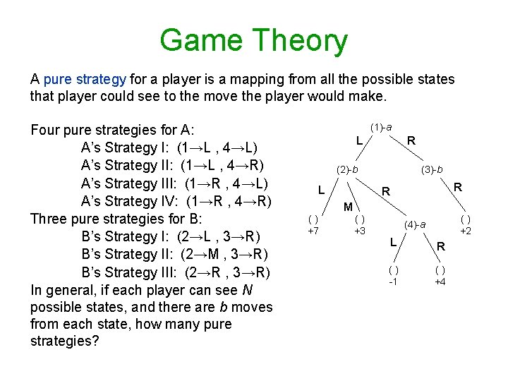Game Theory A pure strategy for a player is a mapping from all the