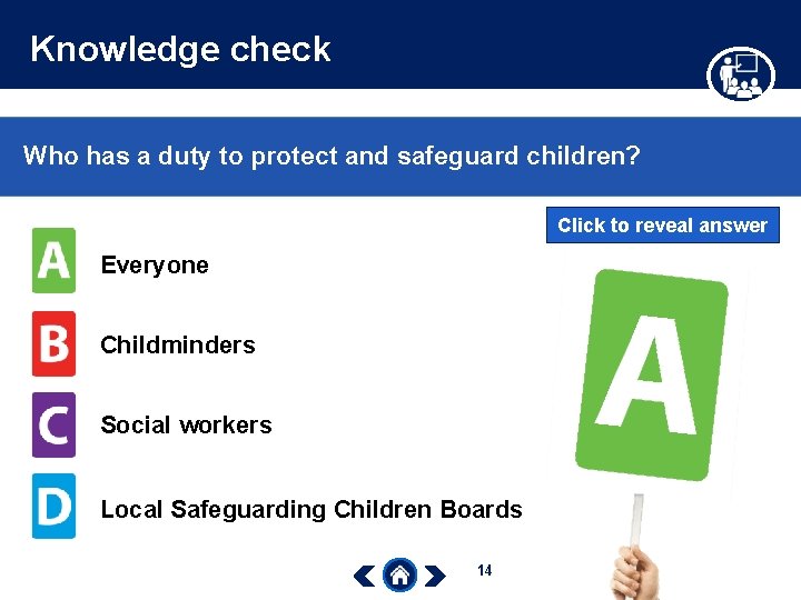 Knowledge check Who has a duty to protect and safeguard children? Click to reveal