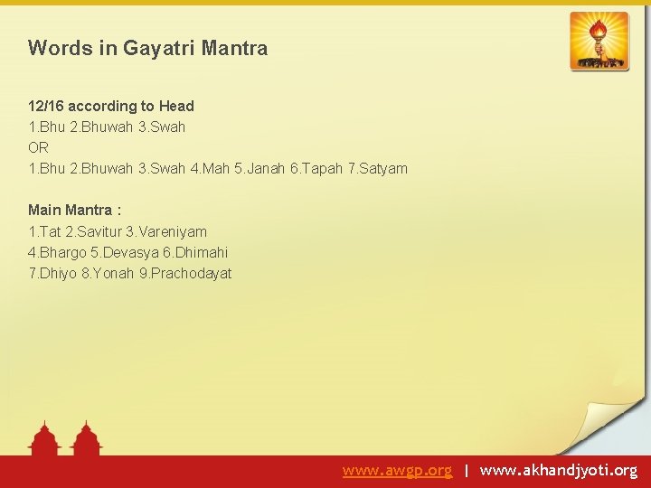 Words in Gayatri Mantra 12/16 according to Head 1. Bhu 2. Bhuwah 3. Swah