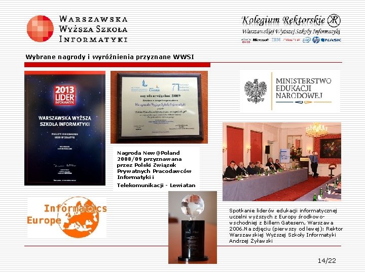 Wybrane nagrody i wyróżnienia przyznane WWSI Nagroda New@Poland 2008/09 przyznawana przez Polski Związek Prywatnych