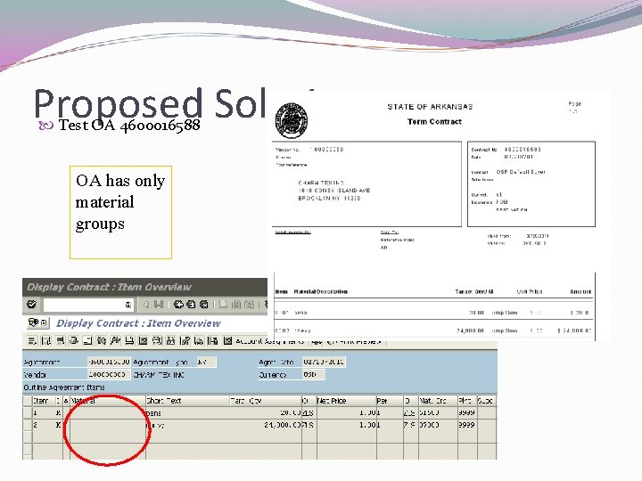 Proposed Solution Test OA 4600016588 OA has only material groups 38 