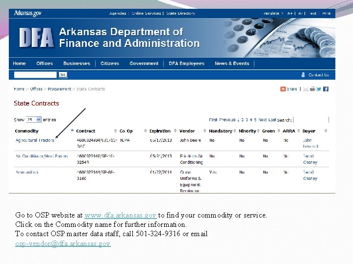 Go to OSP website at www. dfa. arkansas. gov to find your commodity or