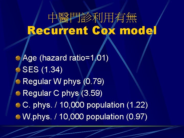 中醫門診利用有無 Recurrent Cox model Age (hazard ratio=1. 01) SES (1. 34) Regular W phys