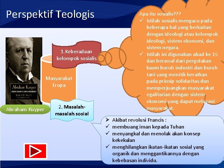 Perspektif Teologis 1. Keberadaan kelompok sosialis Masyarakat Eropa Abraham Kuyper 2. Masalahmasalah sosial Apa