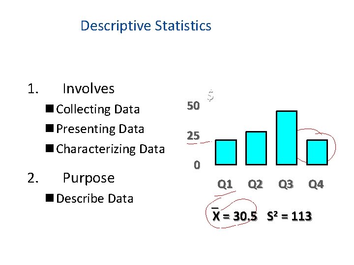 Descriptive Statistics 1. Involves n Collecting Data n Presenting Data n Characterizing Data 2.
