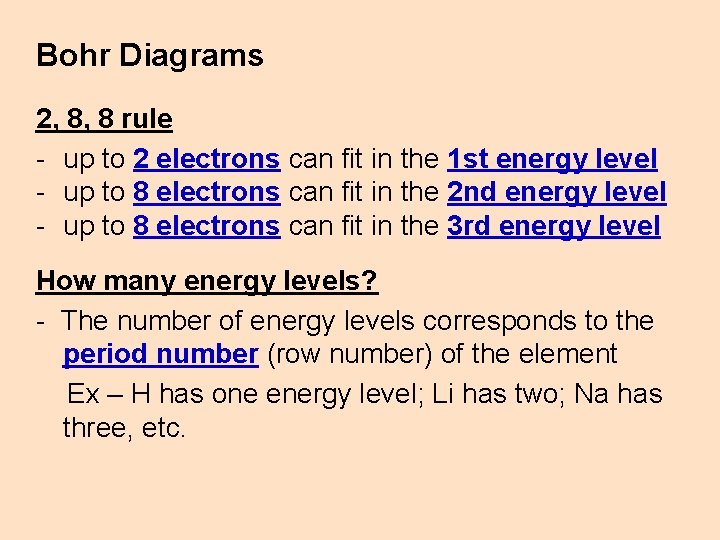 Bohr Diagrams 2, 8, 8 rule - up to 2 electrons can fit in