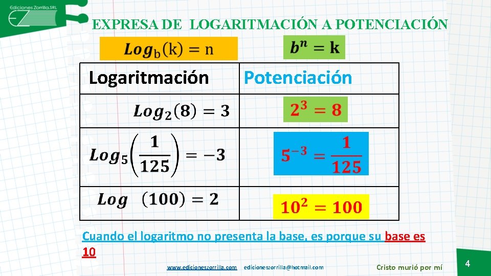 EXPRESA DE LOGARITMACIÓN A POTENCIACIÓN Logaritmación Potenciación Cuando el logaritmo no presenta la base, EXPRESA DE LOGARITMACIÓN A POTENCIACIÓN Logaritmación Potenciación Cuando el logaritmo no presenta la base,