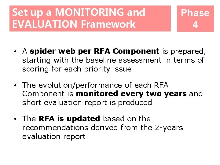 Set up a MONITORING and EVALUATION Framework Phase 4 • A spider web per