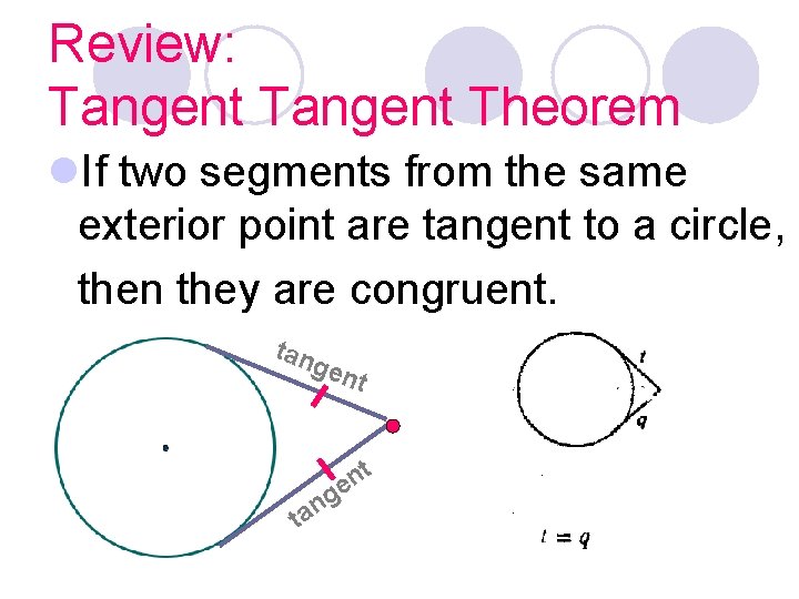 Review: Tangent Theorem l. If two segments from the same exterior point are tangent