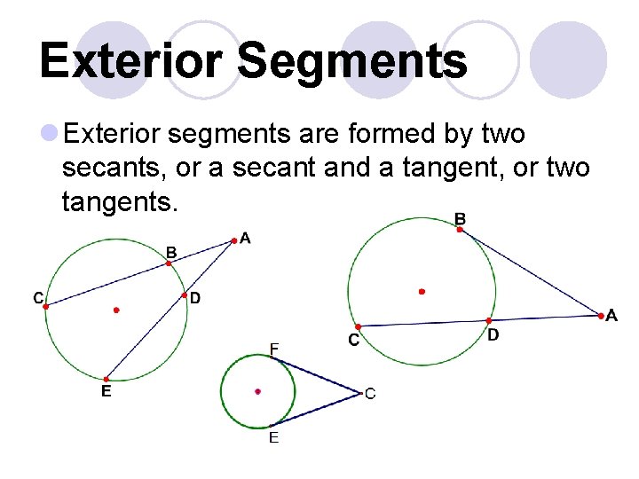 Exterior Segments l Exterior segments are formed by two secants, or a secant and