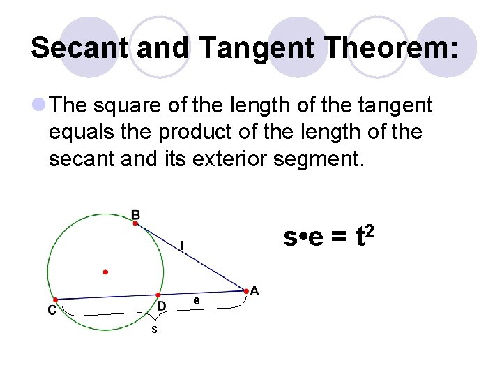 Secant and Tangent Theorem: l The square of the length of the tangent equals