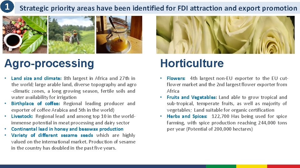 1 Strategic priority areas have been identified for FDI attraction and export promotion Agro-processing