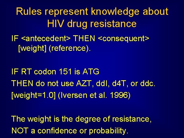 Rules represent knowledge about HIV drug resistance IF <antecedent> THEN <consequent> [weight] (reference). IF