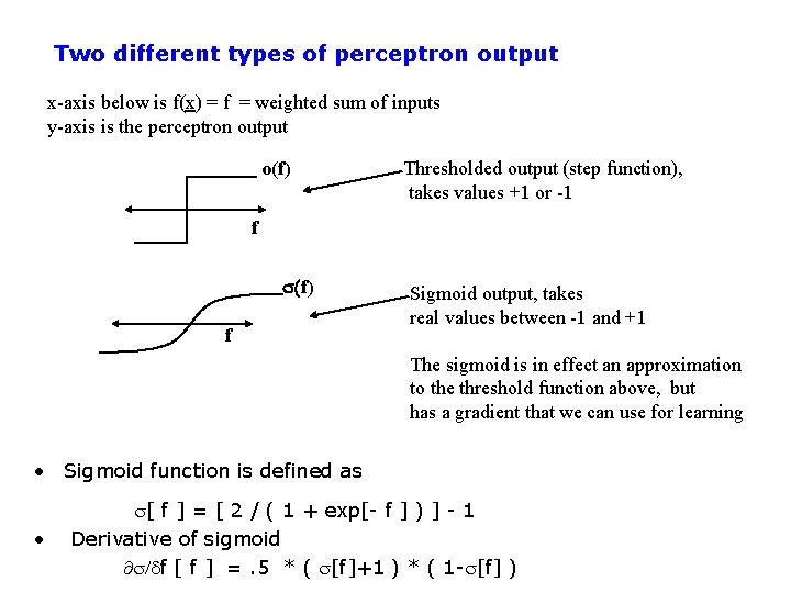 Two different types of perceptron output x-axis below is f(x) = f = weighted