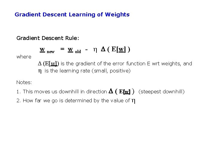 Gradient Descent Learning of Weights Gradient Descent Rule: where w new = w old