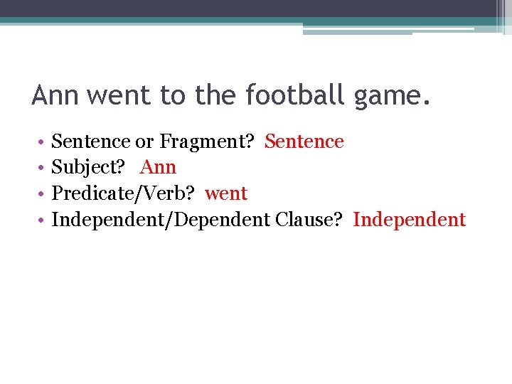 Ann went to the football game. • • Sentence or Fragment? Sentence Subject? Ann