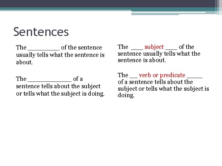 Sentences The ____ of the sentence usually tells what the sentence is about. The