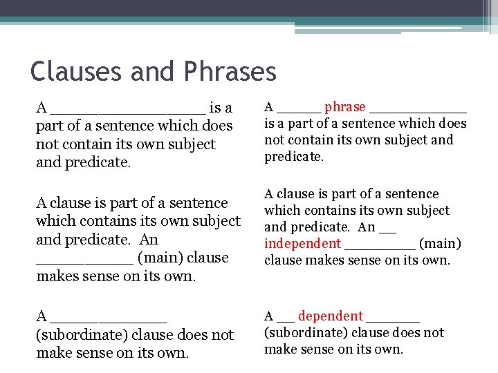 Clauses and Phrases A ________ is a part of a sentence which does not