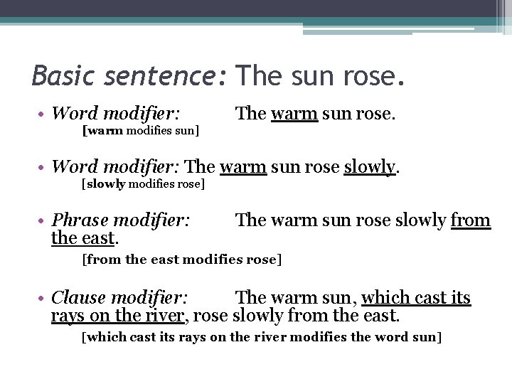 Basic sentence: The sun rose. • Word modifier: [warm modifies sun] The warm sun